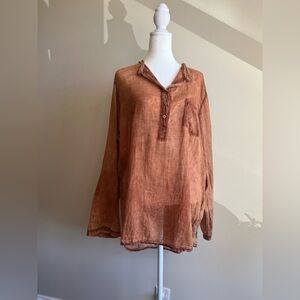 Milio-Milano Women's Large Sheer Cotton Quarter-Button-Down Collared Shirt